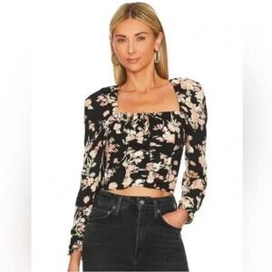 Free‎ People Hilary Floral Puff Sleeve Crop Top Ruched Square Neckline Black New